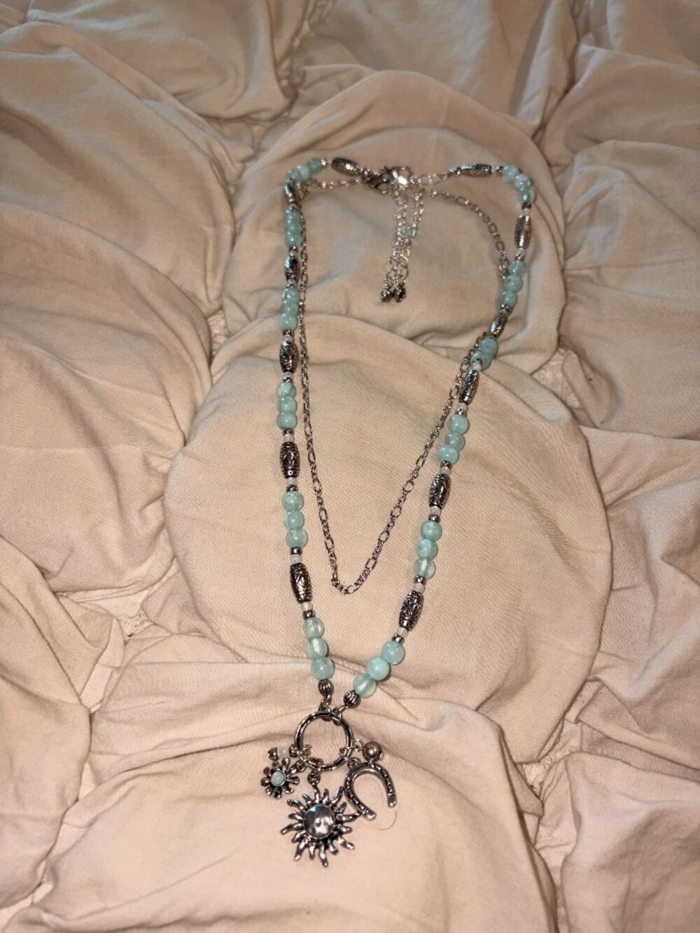 Free People Turquoise Beaded Layered Layering Necklace Silver Sun Horse shoe